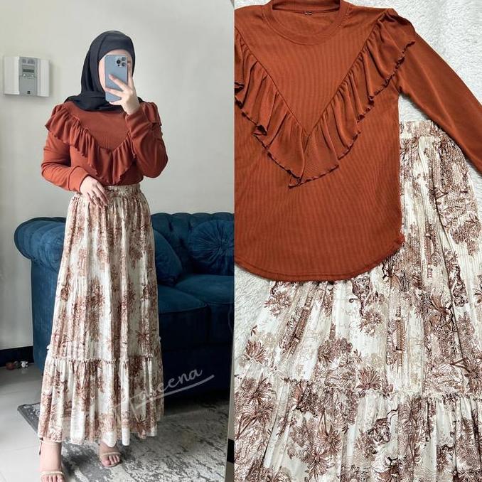 DEAL TERBAIK - Haseena One Set Wanita Aisha Setelan Atasan Rempel Lengan Panjang Rok Plisket Rempel 