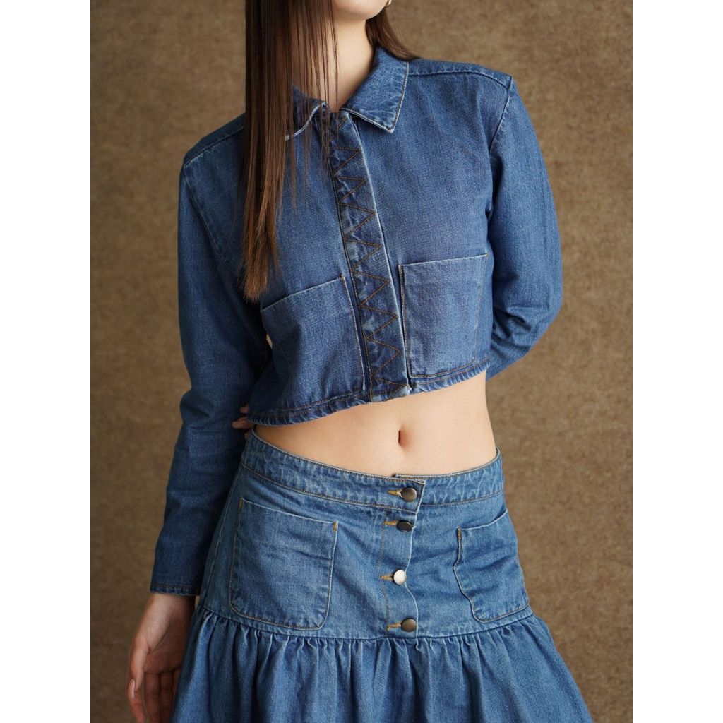 Melvee - Petone Jacket - Denim Line Vol. 2 Collection - Jacket Crop Denim Lengan Panjang Wanita Mode