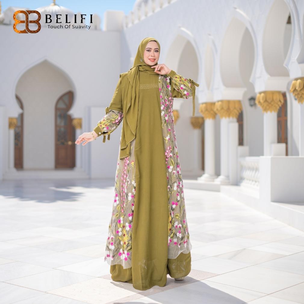 Original Belifi | Salsabila Dress - Gamis Syari Set Hijab Bahan Tulle Bordir Embroidery