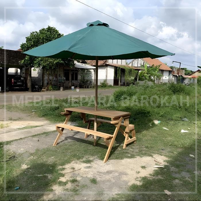 Set Meja Kursi Outdoor Kayu Trembesi Minimalis Kursi Taman Payungan