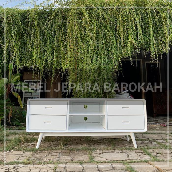 meja bufet tv retro 4 laci kayu jati finishing duco putih