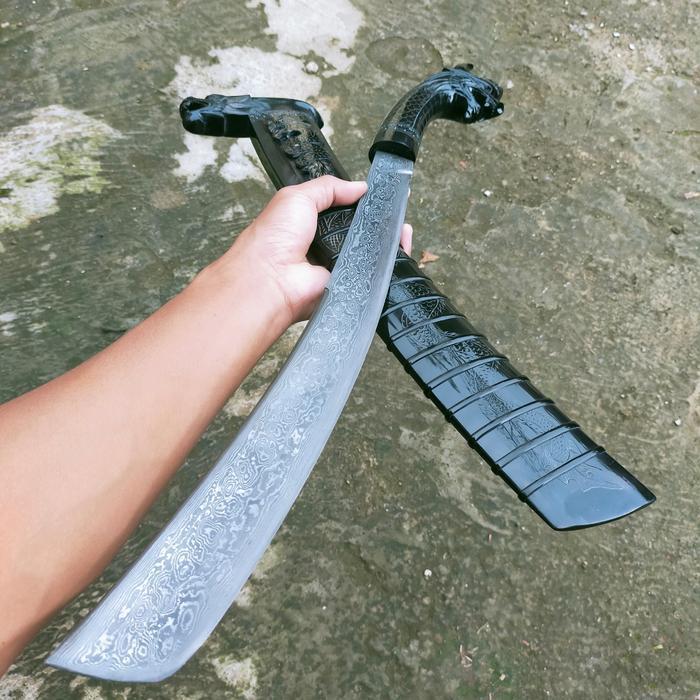 Golok Fulltanduk ukir Naga baja balikmipih pamor 40cm