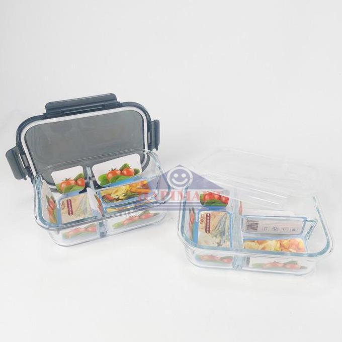 Glasslock Wadah Tempat Makanan Persegi 3 Sekat Hitam Dan Putih Satuan