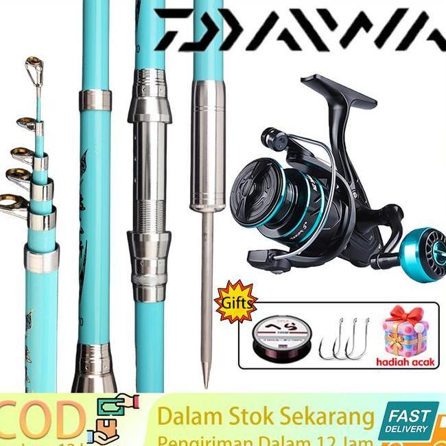 Daiwa Set Pancing Joran Karbon 2.14.5M Dengan Pasak Pengunci Reel Spinning Teleskopik Anti Patah