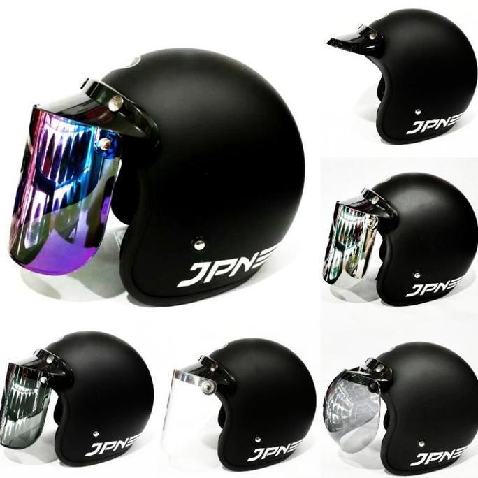 HELM BOGO JPN RETRO HITAM DOP KACA DATAR & CEMBUNG