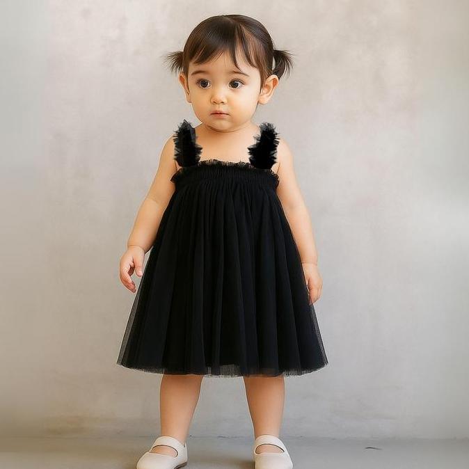 Ebijwaro- 0-4Th Dress Anak Pesta Tutu Black Hitam Korea Import- Baju Baby Bayi Anak Gaun Tile Tulle 