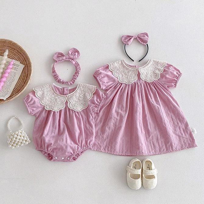 Ebijwaro- Micha Lilac Couple Kakak Adik Romper Dan Dress Bayi Perempuan Lengan Panjang Dan Lengan Pe