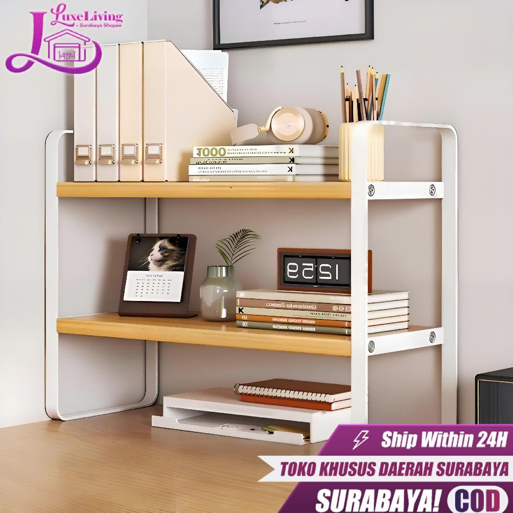 Harga Baru [Surabaya Express] Rak Buku Desktop Minimalis 2 Lapis Kayu Besi Rak Penyimpanan Meja Stan