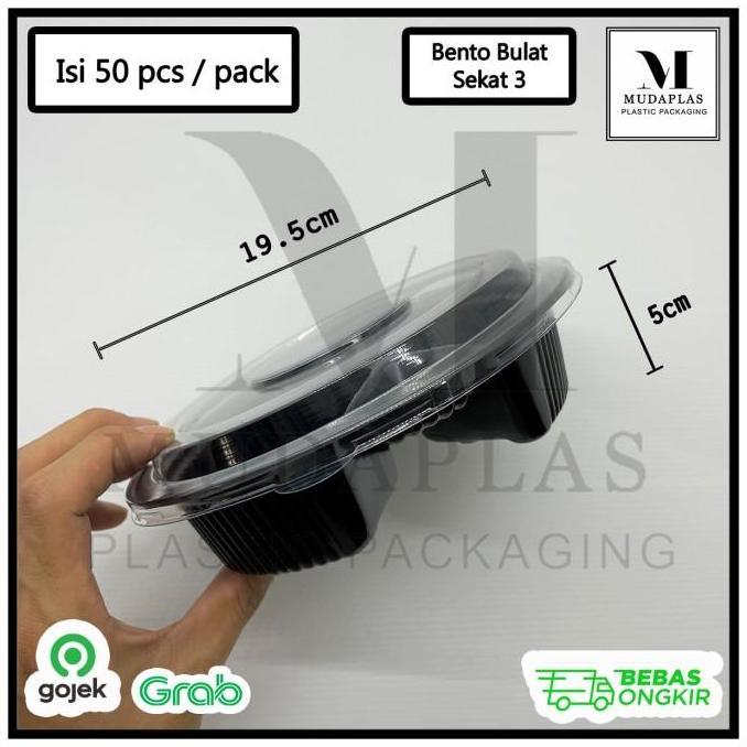 Bento Tray Bulat Sekat 3 Isi 50 pcs / Mika Bento / Kotak Bento