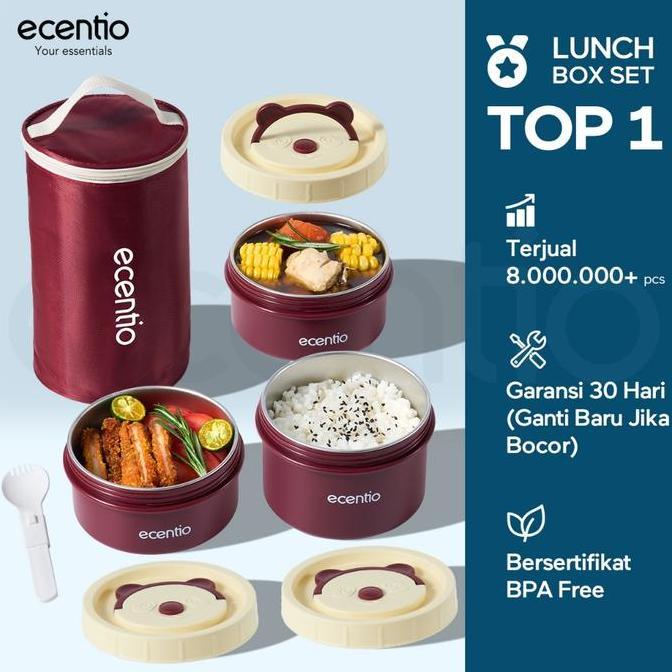 Ecentio Lunch Box Tas Set 3Pcs Merah Kotak Makan Anti Tumpah 304 Stainless Steel Tas Bekal dan Free 