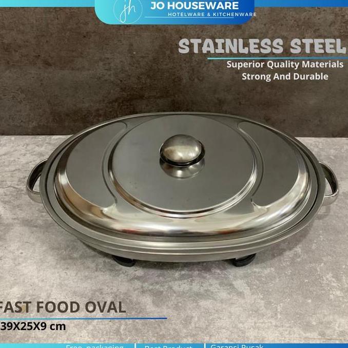 Fast food oval tutup kaca tempat makan prasmanan oval stainless saji