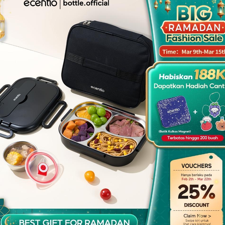 Ecentio Lunch Box Stainless /Kotak Makan 4 Sekat Tahan Panas Dan Anti Tumpah Tempat Makan