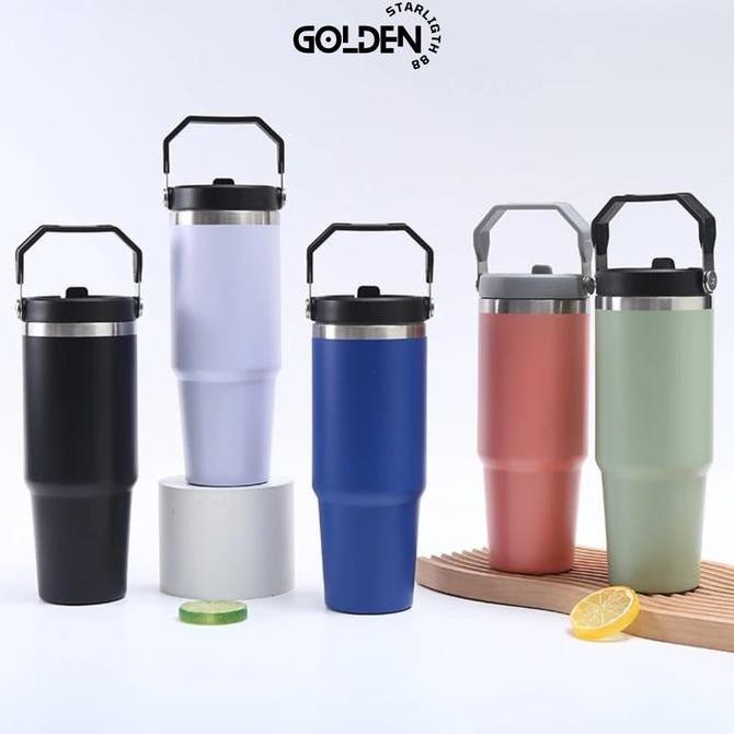 Savepec- Tumbler Tyeso Handle Vacuum Insulated 890Ml Sus 304 Dengan Sedotan & Pegangan Tahan Lama An