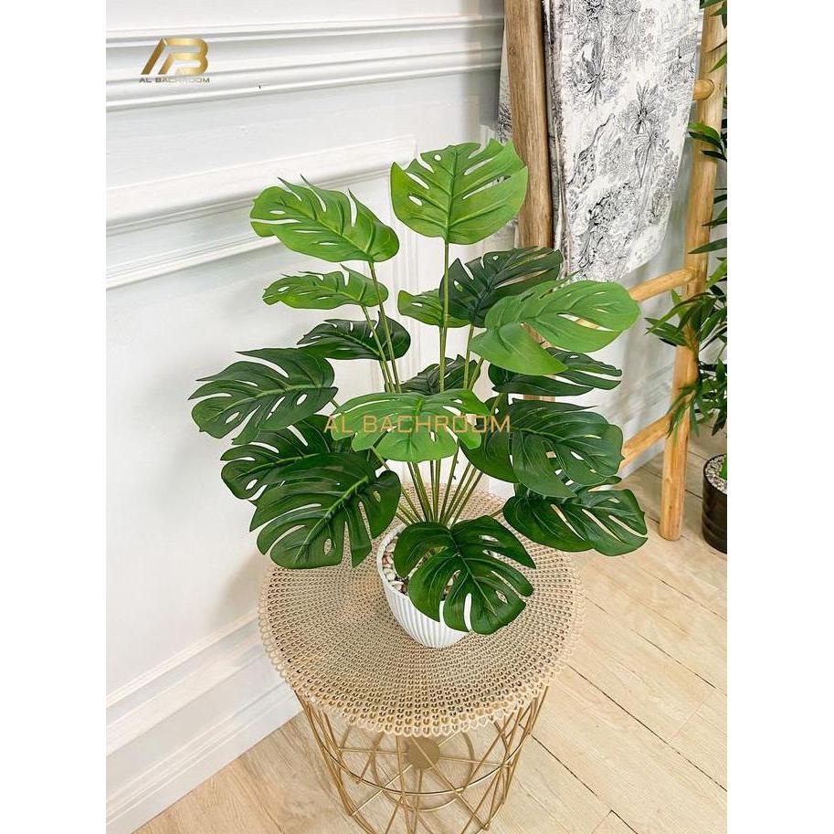 B8156 BUNGA PLASTIK MONSTERA VARIEGATA KECIL D18T48 TANAMAN ARTIFICIAL DEKORASI RUMAH DAUN MONSTERA 