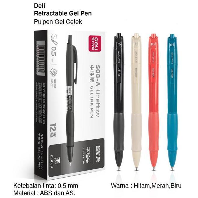Deli Gel Pen Pulpen Gel Cetek 0.5 mm Tinta Hitam Biru Merah 12 PCS S08 LA