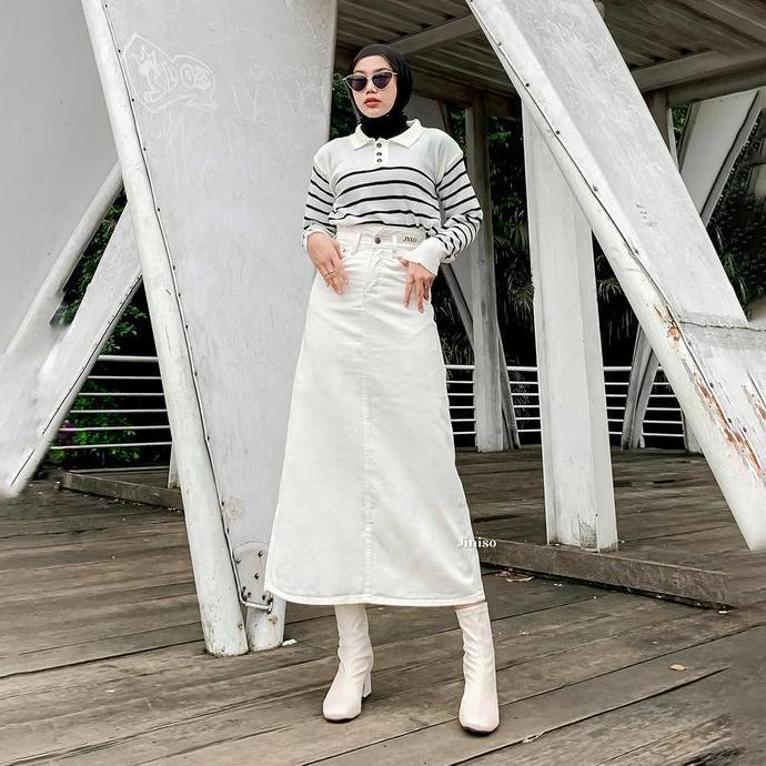 Hose- Jiniso Seventy - 901 Slit Highwaist Rok Jeans Wanita Warna Khaki