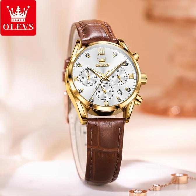 Frau- Olevs Jam Tangan Wanita Anti Air Original Multifungsi Luminous Kalender Kulit Casual Putih Chr