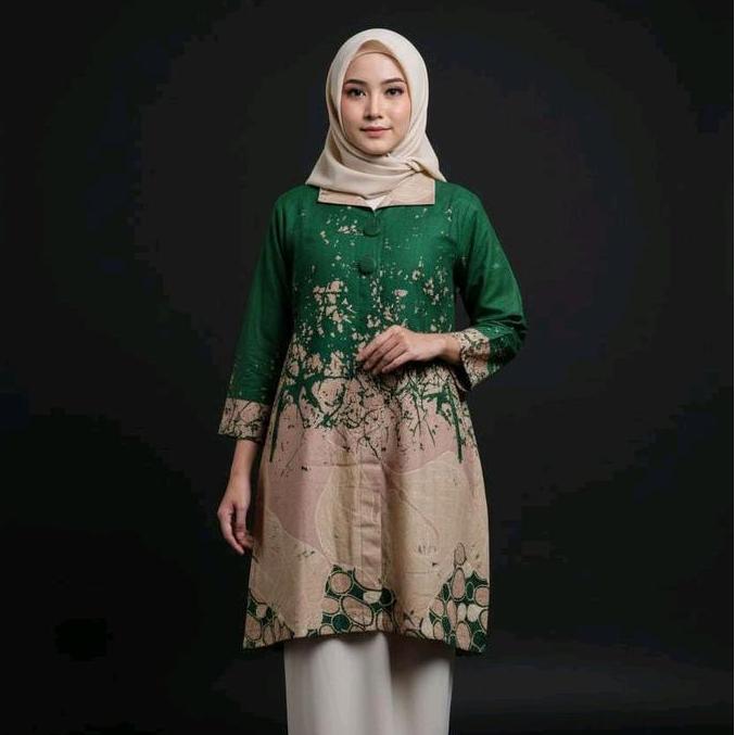 Uprelig- Batik Tunik Wanita Couple Bahan Katun Solo Premium Motif Tulip Hijau Botol