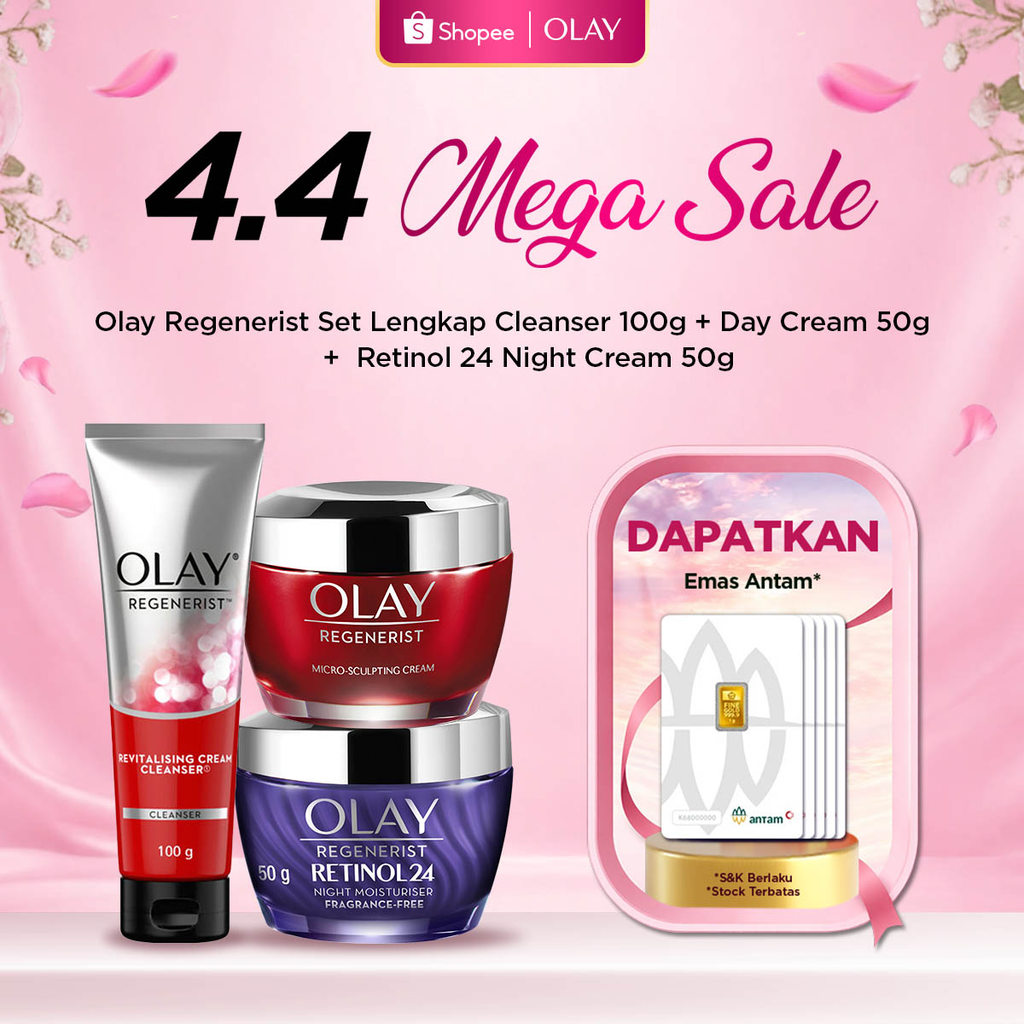 Olay Regenerist Set Lengkap Sabun Cuci Muka Cleanser & Pelembab Pagi & Retinol 24 Pelembab Malam Kri