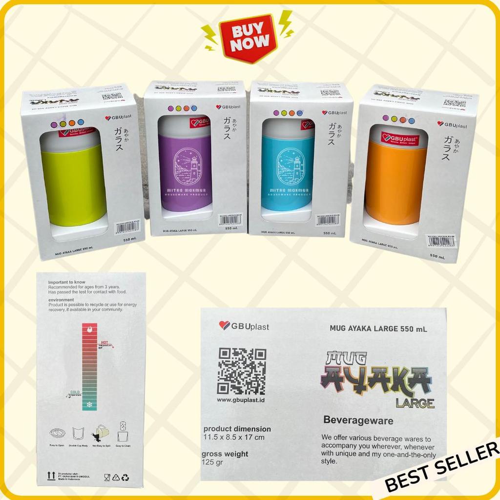 New Mug Plastik Double Layer 550 Ml Ayaka Gbu Plastik Gelas Gagang + Tutup Plastik Viral