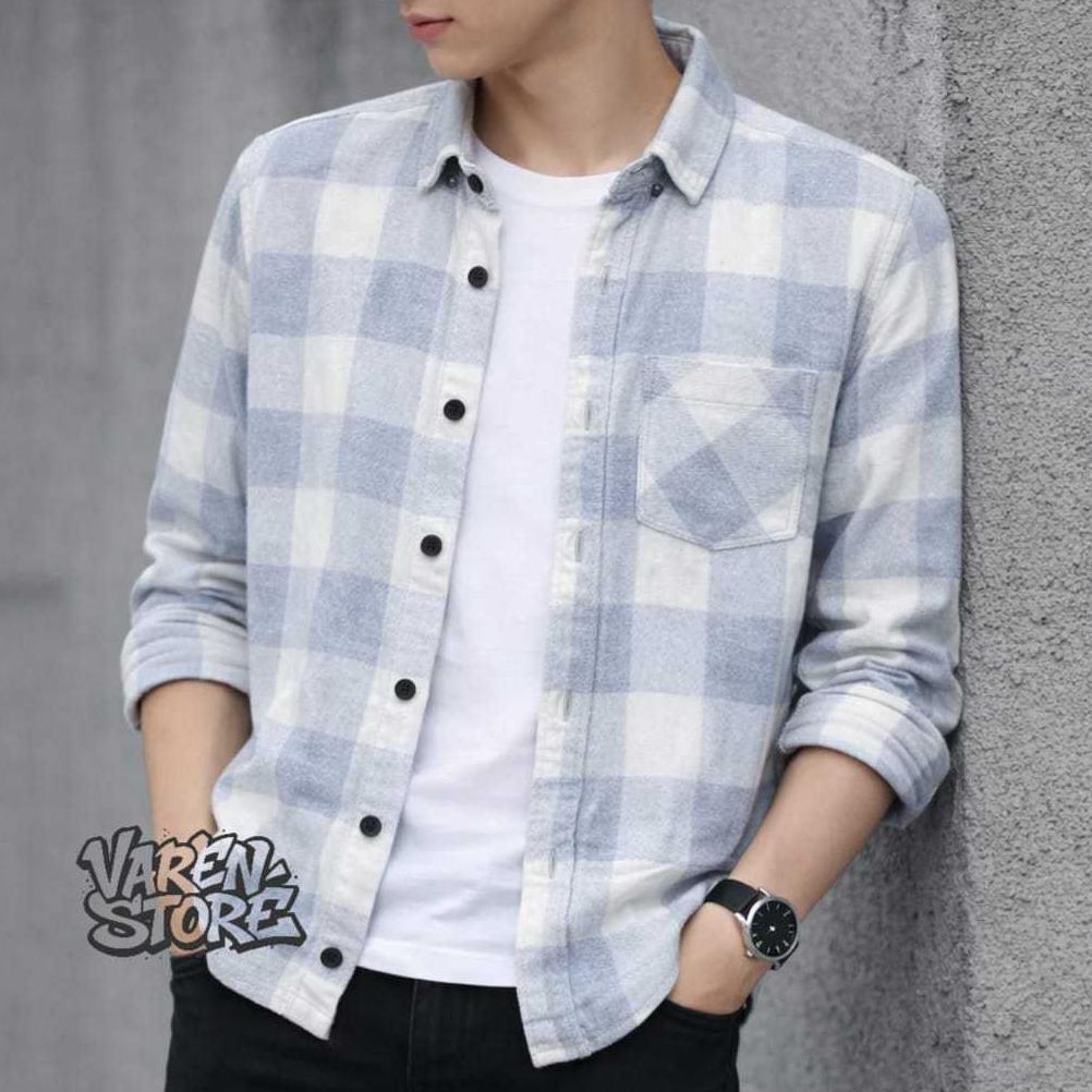 ORIGINAL Kemeja Pria / Baju Pria / Kemeja Flanel Kotak-Kotak / Kemeja Pria Lengan Panjang // Putih K