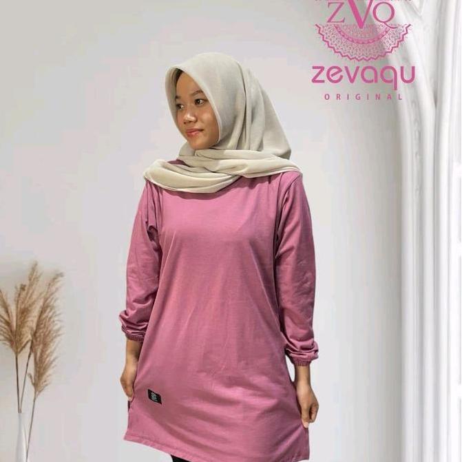 Atasan tunik kaos muslim wanita warna dusty pink lengan panjang ujung tangan karet kurut bagian bawa