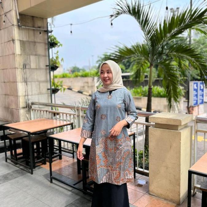 Batik Tunik model resleting belakang bahan katun halus full lapisan trikot warna biru coklat abu