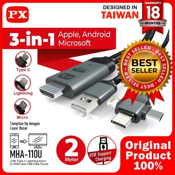 XARIELTA PX MHA 110U 3in1 Pan PX Kabel HDMI to Micro USB Type C Lightning ke TV