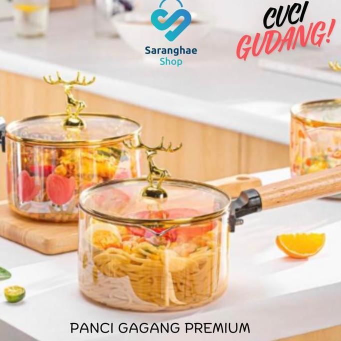 AMDUCOP [OBRAL GUDANG] Panci Kaca Gagang Kayu Borosilicate | Panci Mie Kaca Bening Transparan | Panc