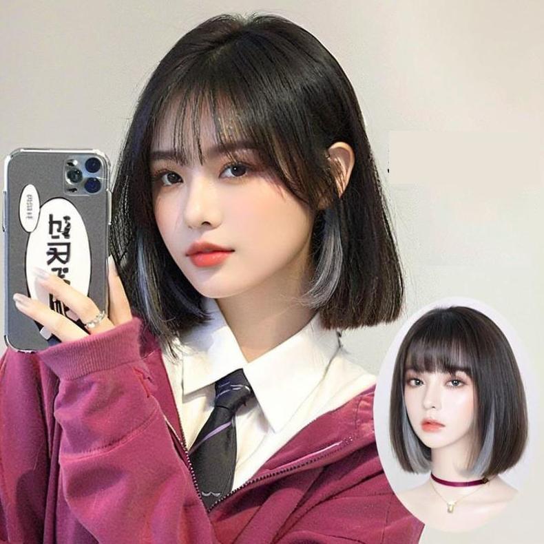 Wig korean style BOBO Lisa  rambut pendek wanita, wig rambut asli pendek rambut palsu wanita full ke