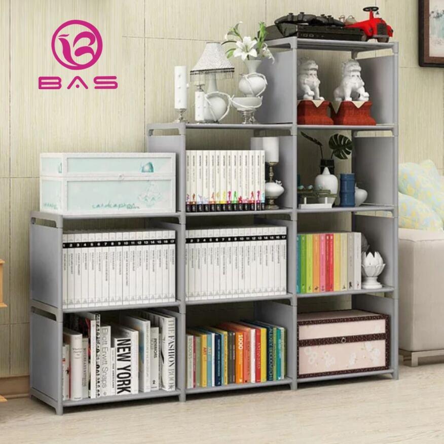 Grade Ori Bas Rak Buku Susun Lemari Buku Rak Serbaguna Portable 3 Sisi