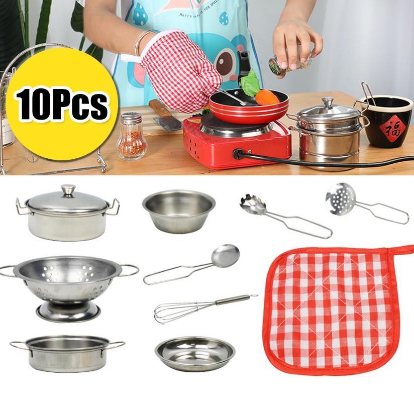 Hot 10Pcs Mainan Masak-Masak Stainless Anak Mainan Anak Dapur Set Stainless Kids House Kitchen Toys 