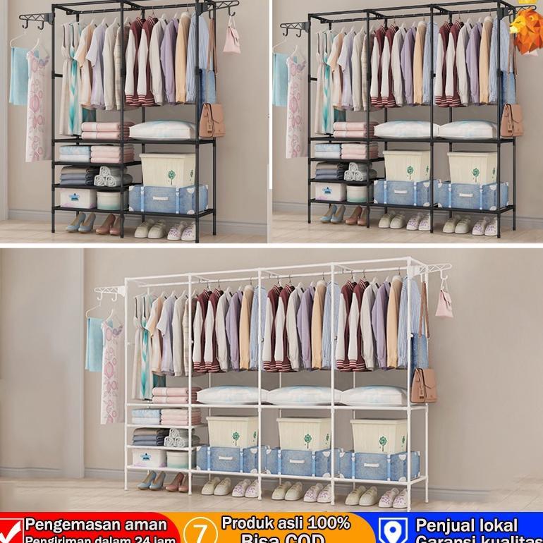 Promo Baru Rak Baju Portable 3/4 Baris Multifungsi Lemari Besi Lantai Kamar Pengering Pakaian Rumah 