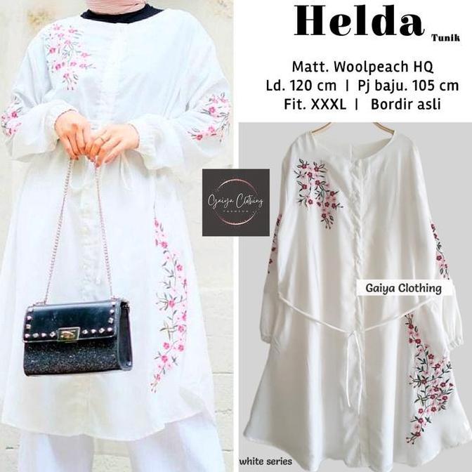 HELDA - TUNIK JUMBO BORDIR KEKINIAN TERBARU LD. 120 Muslim Panjang Hitam Putih kemeja wanita