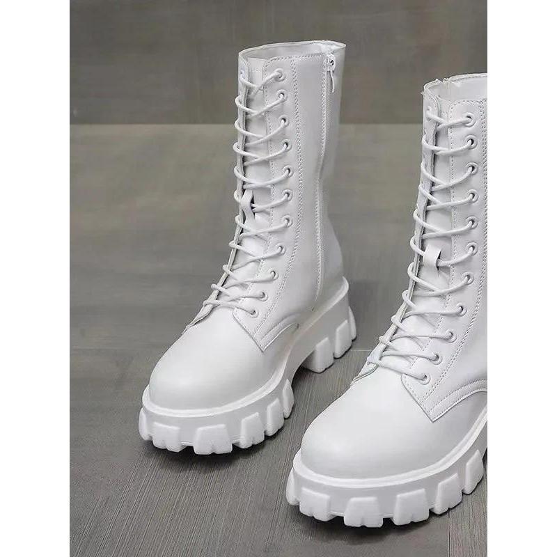 2022 Winter Leather Lace Thick Sole for Women Boots  Casual Fashion Warm Large Shoes Zapatos De Muje