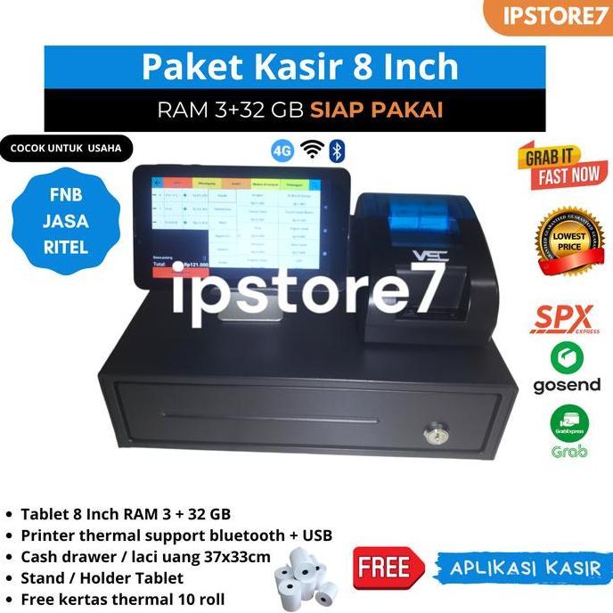 Paket Mesin Kasir Android Siap Pakai 8 inch 3/32, Cafe Salon,Butik dll