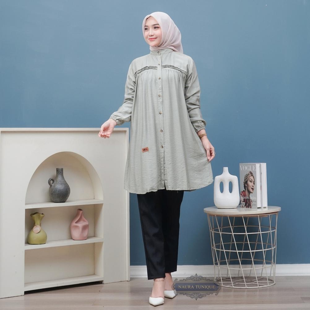 TERBARU ( JUMBO ) Kaisa Tunik Polo Linen Kemeja Long Tunik Atasan wanita LD 110-130 by NAURA TUNIQUE