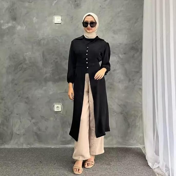 HEMAT LUAR BIASA Ayana Tunik Outer Atasan Wanita Polos Kerah Kemeja Kerut Belakang Kancing Aktif Len