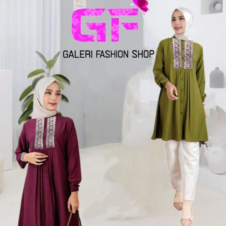 Termurah Tunik Wanita Jumbo Motif Renda Bunga Bordir/Tunik Polos Wanita Ful Kancing Renda Bordir Ter