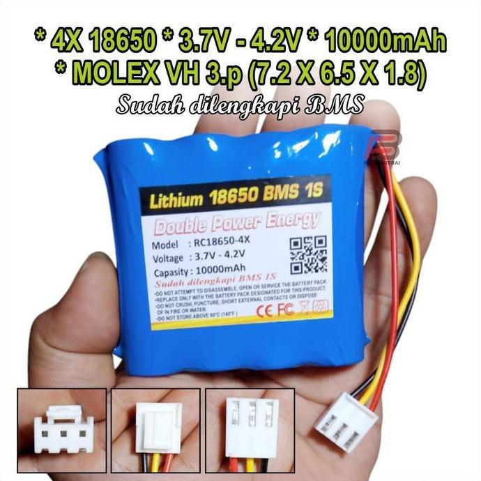 Errozishop - Baterai Lithium 18650 3.7V Maxs 4.2V 10000Mah, Batre Speaker,Batre Edc Soket Molex Vh 2