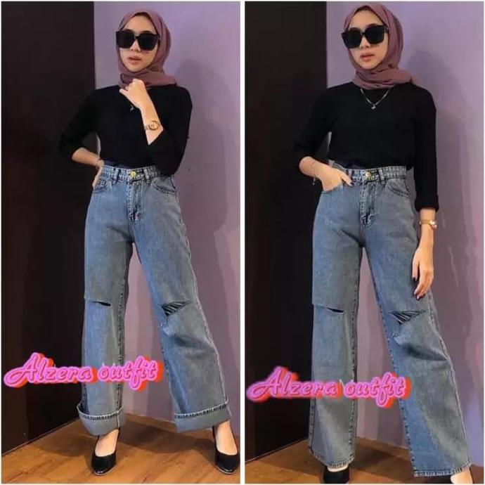 PREMIUM Celana Kulot Jeans Wanita Sobek Destroy Lutut Nessa /celana boyfriend wanita korean style 20