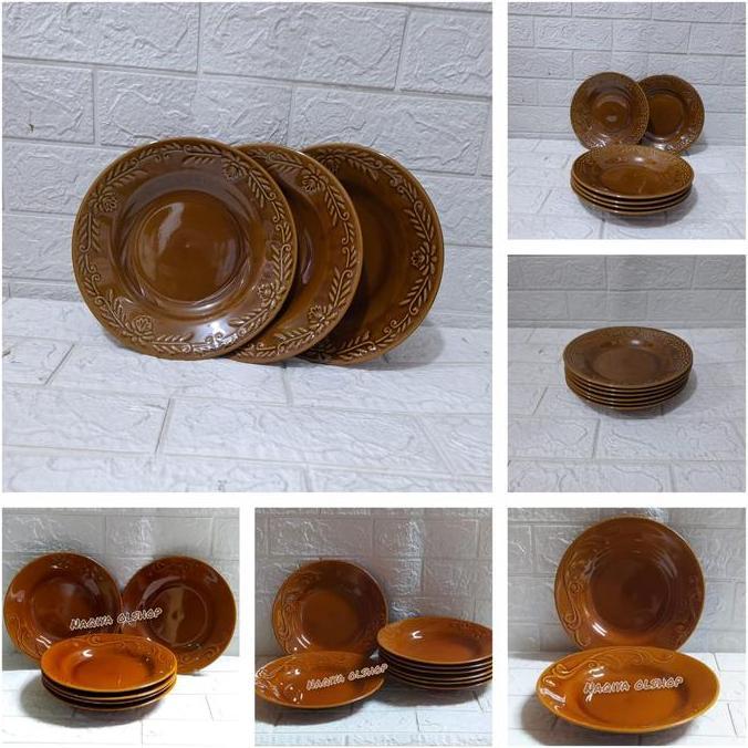 12pcs piring makan keramik/Piring coklat motif HI