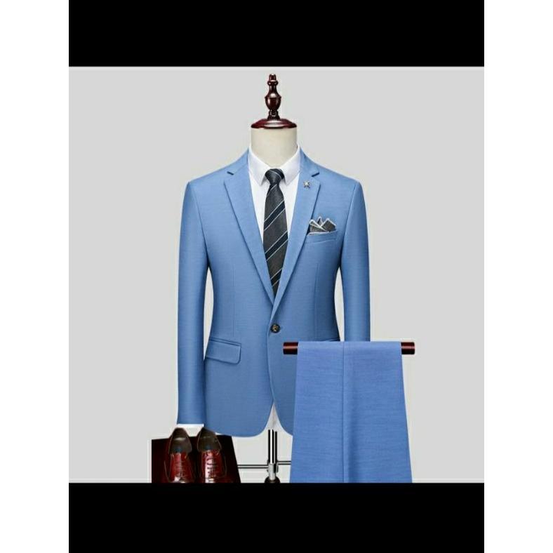 Free Ongkir Setelan Jas Pria Warna Denim / Setelan Jas Dan Celana  / Jas Wedding Pria Warna Biru Den