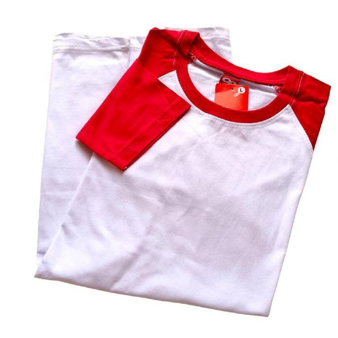 Wokeaja- Kaos Raglan Polos Putih-Merah Dewasa Lengan Panjang Ukuran M L Xl Xxl  Wanita Katun Nyaman 