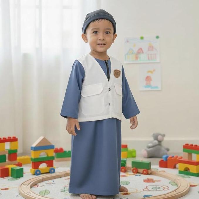 (EGSUS) KOKO JUBAH ANAK LENGAN PANJANG - JUBAH GAMIS ANAK ROMPI Denim Putih