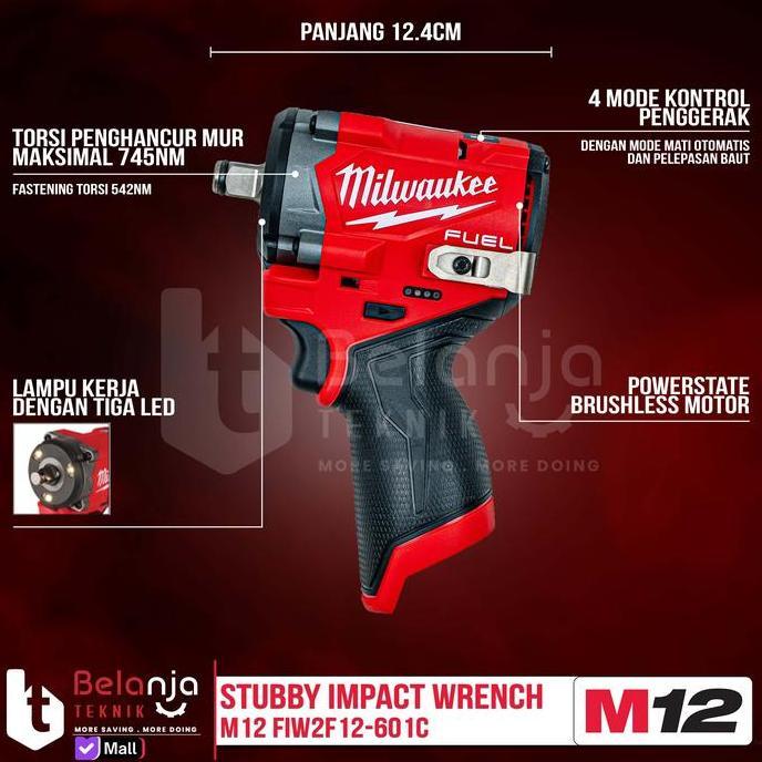 Murah Milwaukee Mesin Stubby Impact Wrench Baterai M12 Fiw2F12-401X 1/2 Inch Gen 3 Compact Dengan To