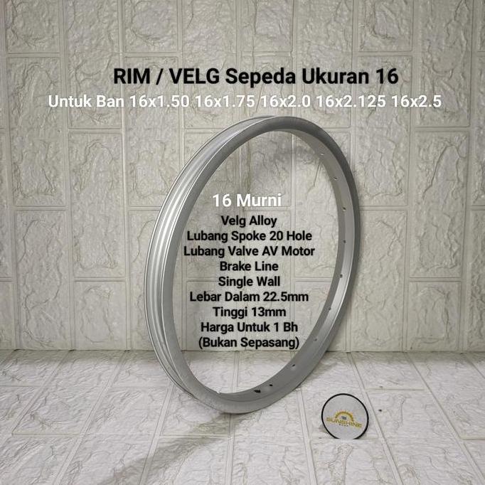 Rims Velg 16 Inch Lubang Ruji 20H Alloy Silver Sepeda Anak BMX Mini Valve AV Brake Line Bisa V dan U