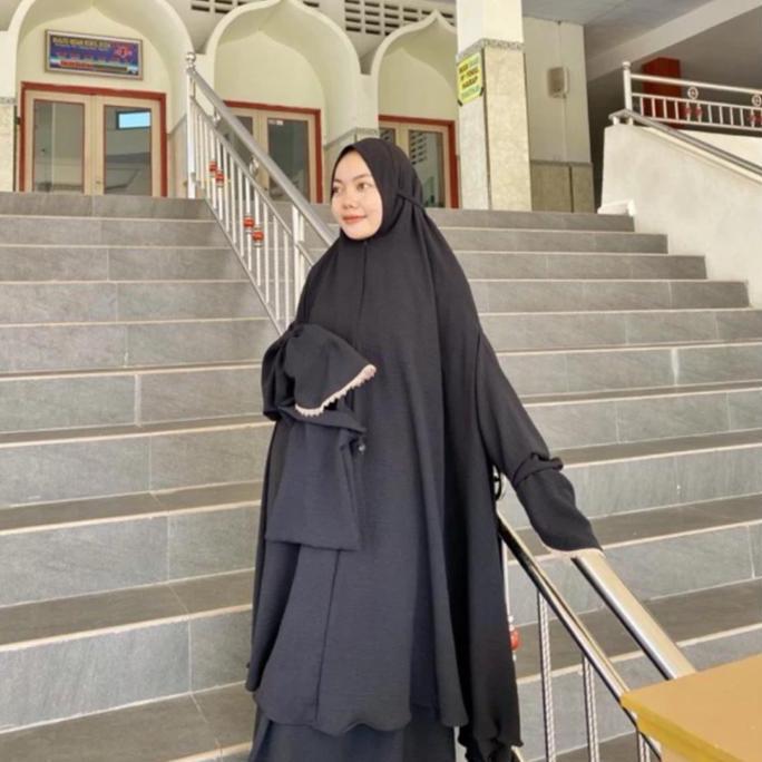 Mukena Tunik Super Jumbo Berlengan Crincle Airflow Mukena Umroh hitam elegan