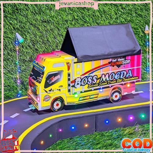 Truk Oleng Miniatur Kayu Asli Full Variasi New Tawakal 5 Putih Lampu Kelap Kelip Terpal Roda Kayu Ma