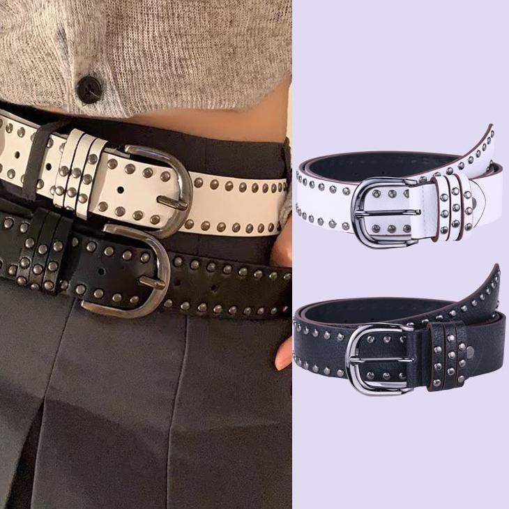 Hitam/Putih Ikat Pinggang Wanita/Pria Kulit Pu Gesper Fashion Korea Simple Dan Serbaguna | Belt Punk